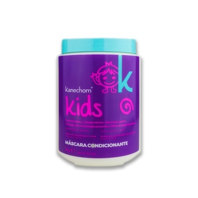 Máscara condicionante Kanechom Kids embalagem roxa com tampa azul clara