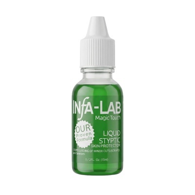 Frasco de líquido styptic Infa-Lab verde com tampa branca e texto branco