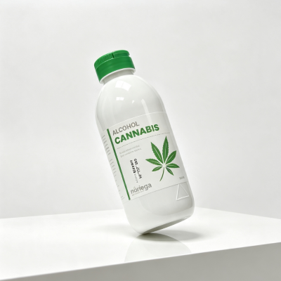Frasco branco com tampa verde e rótulo de cannabis em fundo branco