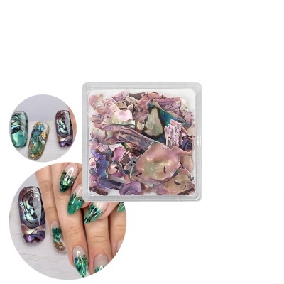 fragmentos coloridos de concha para decoração de unhas com exemplos aplicados