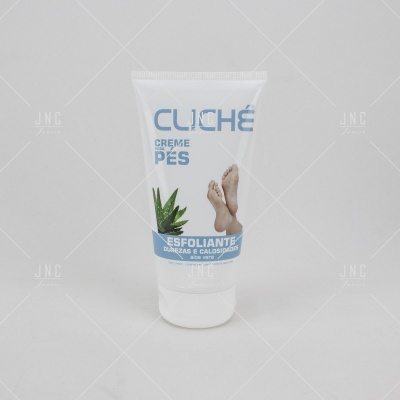 Tubo branco de creme esfoliante para pés Cliché com embalagem azul e verde