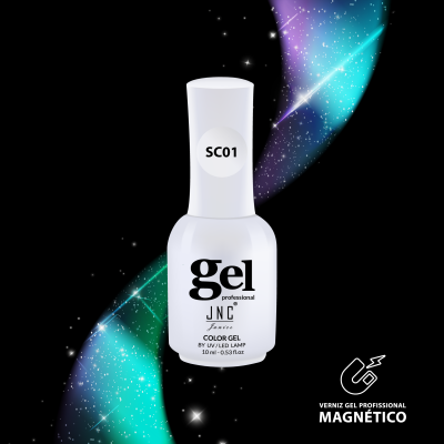 Frasco branco de verniz gel profissional magnético com fundo preto e detalhes coloridos