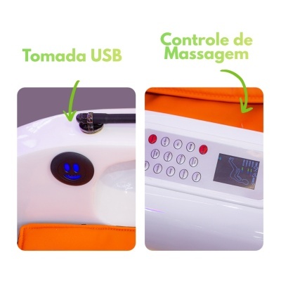 Detalhes de produto branco com tomada USB e painel de controlo de massagem com botões e ecrã digital