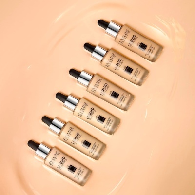 Seis frascos de corretor líquido com conta-gotas em diferentes tons de bege