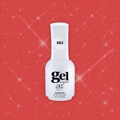 Frasco branco de verniz gel para unhas com texto e número 082 em fundo vermelho brilhante