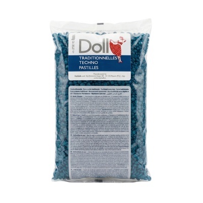 Pacote de pastilhas azuis Doll transparentes com rótulo branco e azul