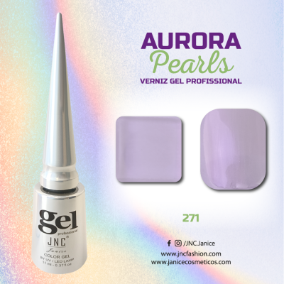 Frasco de verniz gel lilás com amostras de cor e texto informativo no fundo