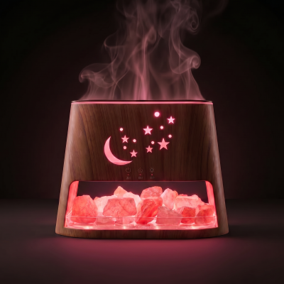 Difusor de aroma em madeira com luz rosa e vapor no topo