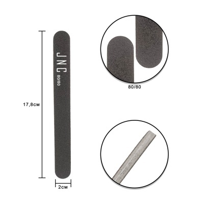 Lima de unhas preta JUNO 80/80 com medidas e detalhes em fundo branco