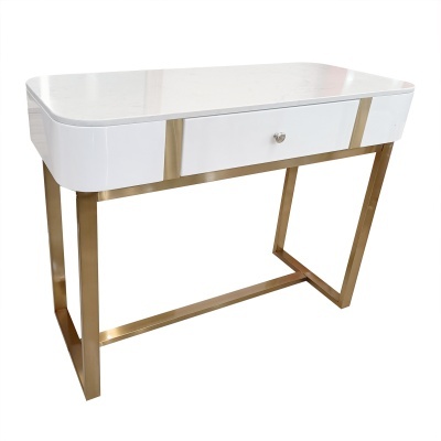 Mesa consola branca com estrutura metal dourado