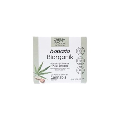 Embalagem creme facial Babaria Bionganik com óleo de semente de cannabis para peles sensíveis