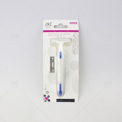 Raspa-pelos branco com botão azul em embalagem de cartão e plástico transparente