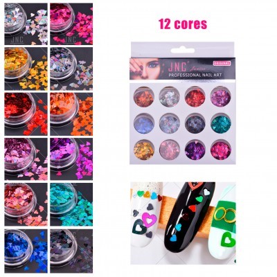 Conjunto de glitter para nail art em 12 cores diferentes na embalagem da marca JNC