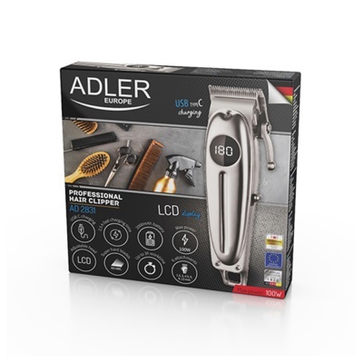 Caixa de máquina de cortar cabelo profissional ADLER EUROPE AD 2831 prateada com visor LCD e acessórios em fundo cinzento.