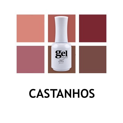 Frasco de verniz gel branco da marca JNC com cinco tons de castanhos ao redor e texto CASTANHOS
