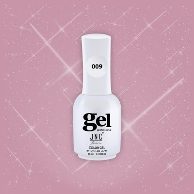 Frasco branco de verniz gel para unhas com número 009 em fundo rosa brilhante