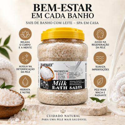 Frasco de sais de banho com leite, com tampa amarela e texto em português e inglês, em ambiente neutro com folhas e leite.