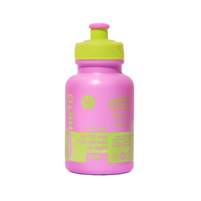 Garrafa plástica rosa com tampa verde e bocal rosa, texto em português e volume 270 ml