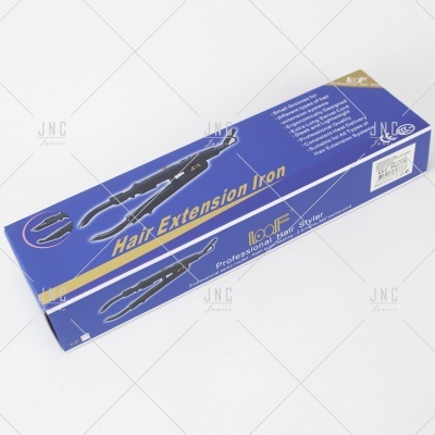 Caixa azul de ferro para extensões de cabelo com texto e imagem do produto