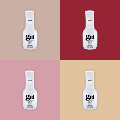 Quatro frascos de verniz gel JNC Professional numerados, em vários fundos coloridos.