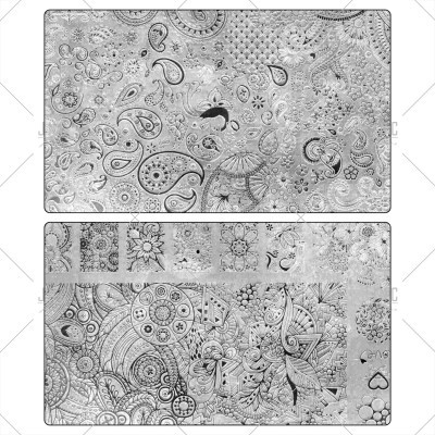 Padrões decorativos em tons de cinza com desenhos florais e geométricos