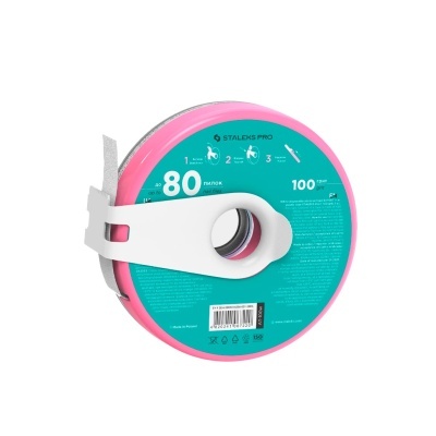 Rolo de fita adesiva Staleks Pro rosa e azul com alça branca.