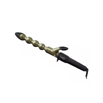 Modelador de cabelo preto e dourado com esferas e garra para segurar
