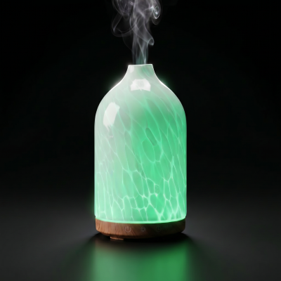 Difusor de aroma verde com base em madeira e luzes acesas