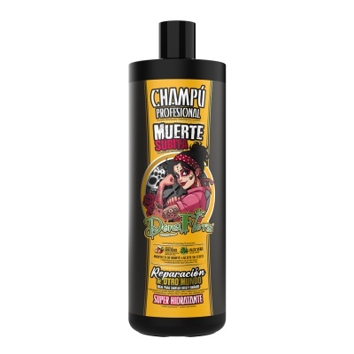 Frasco de champô profissional com rótulo amarelo, personagem e texto em espanhol