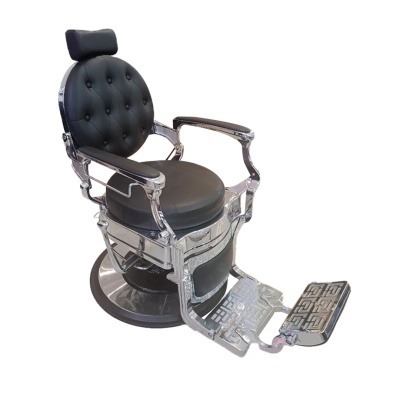 cadeira de barbeiro vintage preta com estrutura metálica cromada e apoio para os pés