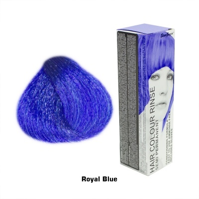 Corante para cabelo Royal Blue com embalagem e amostra de cor azul.