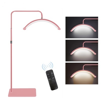 Candeeiro de pé moderno rosa com abajur curvo e controlo remoto, com três tonalidades de luz