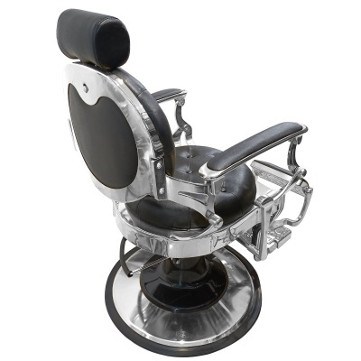 Cadeira de barbeiro com estrutura metálica e estofos pretos