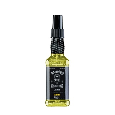 Frasco de spray de after shave amarelo com rótulo preto e texto branco e amarelo