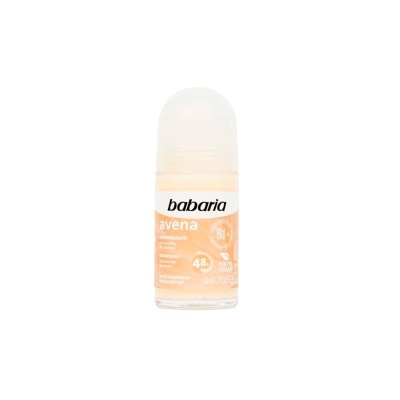 Desodorizante roll-on Babaria aveia 50 ml com rótulo branco e laranja