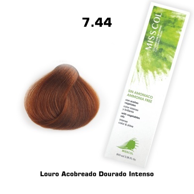 Amostra de cor de cabelo louro acobreado dourado intenso 7.44 com embalagem de produto MISS COL