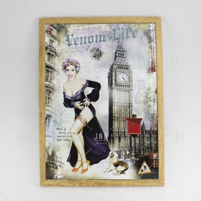 Quadro ilustrativo com mulher, cão, Big Ben e caixa postal vermelha