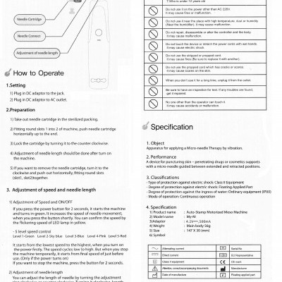 Instruções em inglês para operação de micro máquina de selo automática com lista de precauções e especificações.