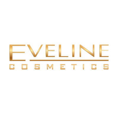 Logótipo dourado EVELINE COSMETICS sobre fundo preto