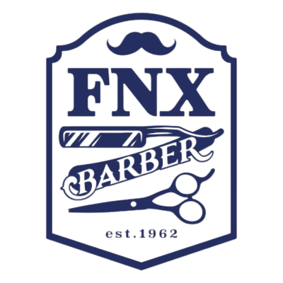 Logótipo FNX BARBER com bigode, navalha e tesoura em azul