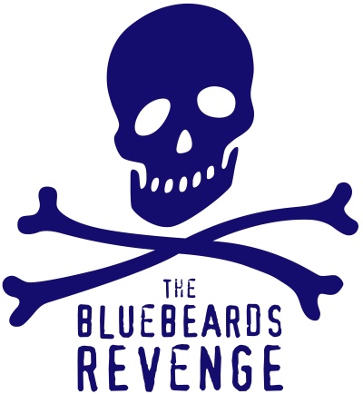 Logotipo azul escuro com crânio e ossos cruzados e texto THE BLUEBEARDS REVENGE