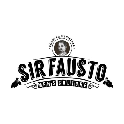 Logótipo preto e branco de Sir Fausto com texto e imagem central de um homem