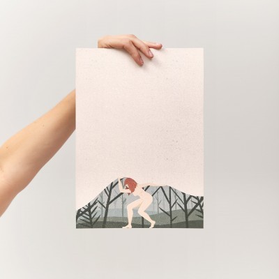 Poster com ilustração de figura humana nua e árvores no fundo