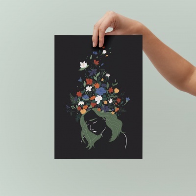 Cartaz preto com ilustração de rosto feminino e flores coloridas