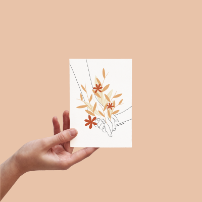 Cartão branco com uma ilustração de mãos dadas e flores em tons terra