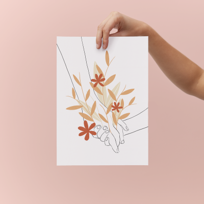 Ilustração minimalista de mãos e flores em papel branco contra fundo rosa