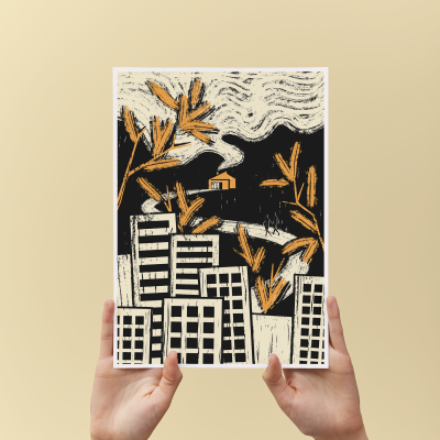 Pôster artístico com edifícios, ramos laranja e casa com fumo