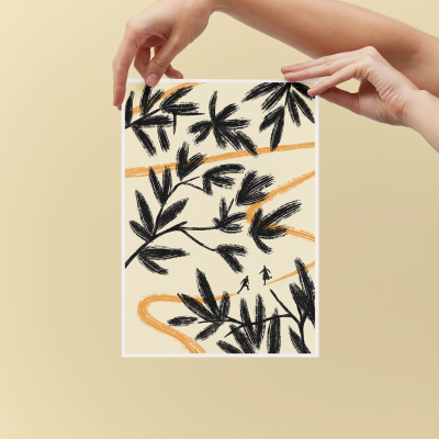 Pôster decorativo com padrão de folhas pretas e linhas curvas laranja sobre fundo creme