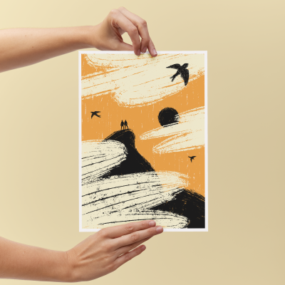 Ilustração estilizada com pássaros e formação rochosa em papel A4