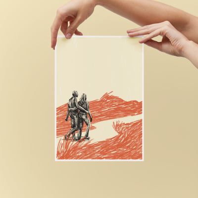 Cartaz com desenho de duas pessoas a caminhar num trilho vermelho